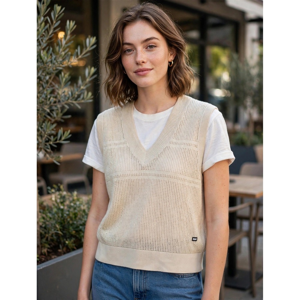 Helly Hansen Women XL Cream Cotton Pointelle Knit V-Neck Sweater Vest 34504 New